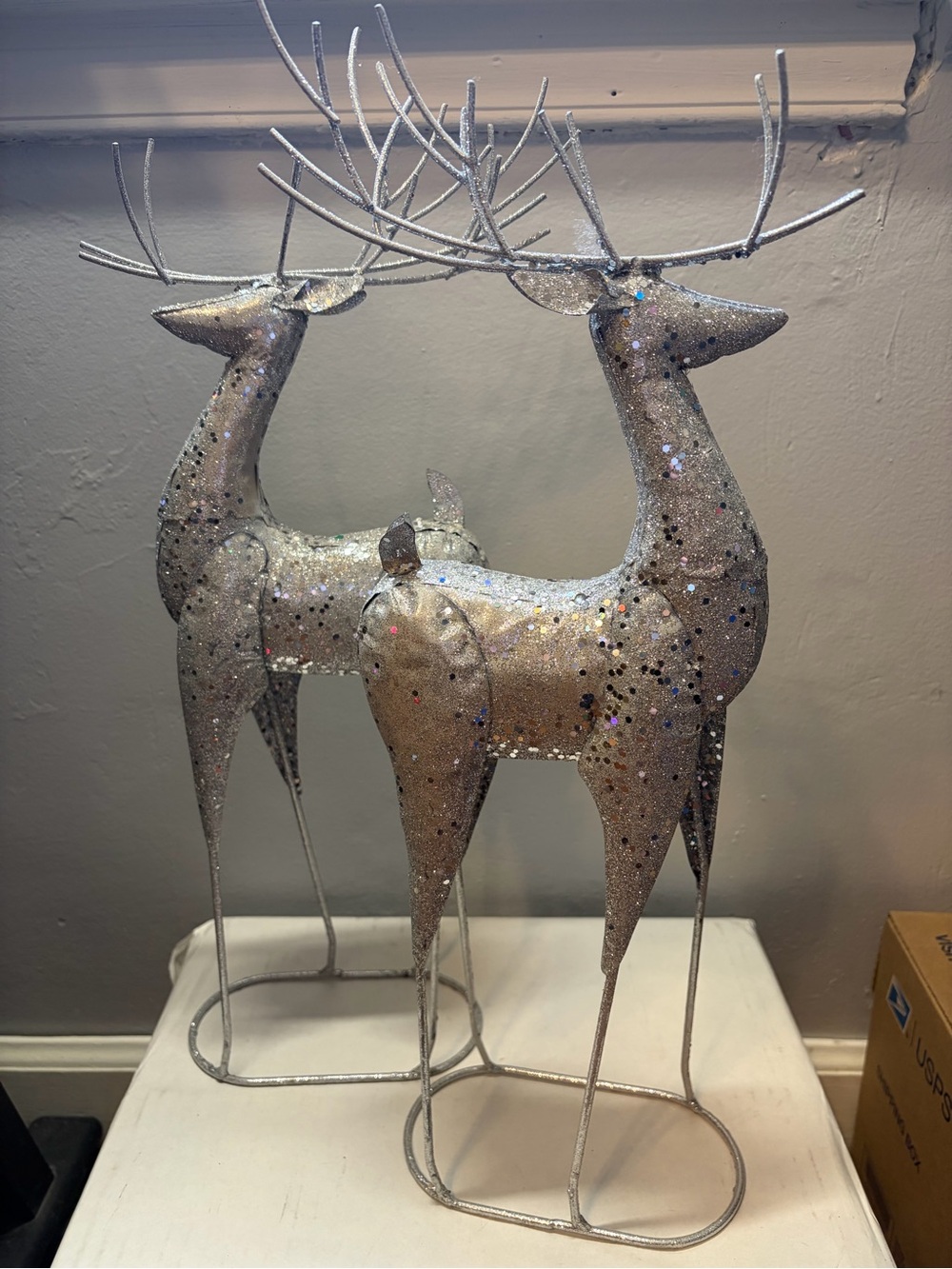 Set of 2 Silver Glitter Reindeer Christmas Decor